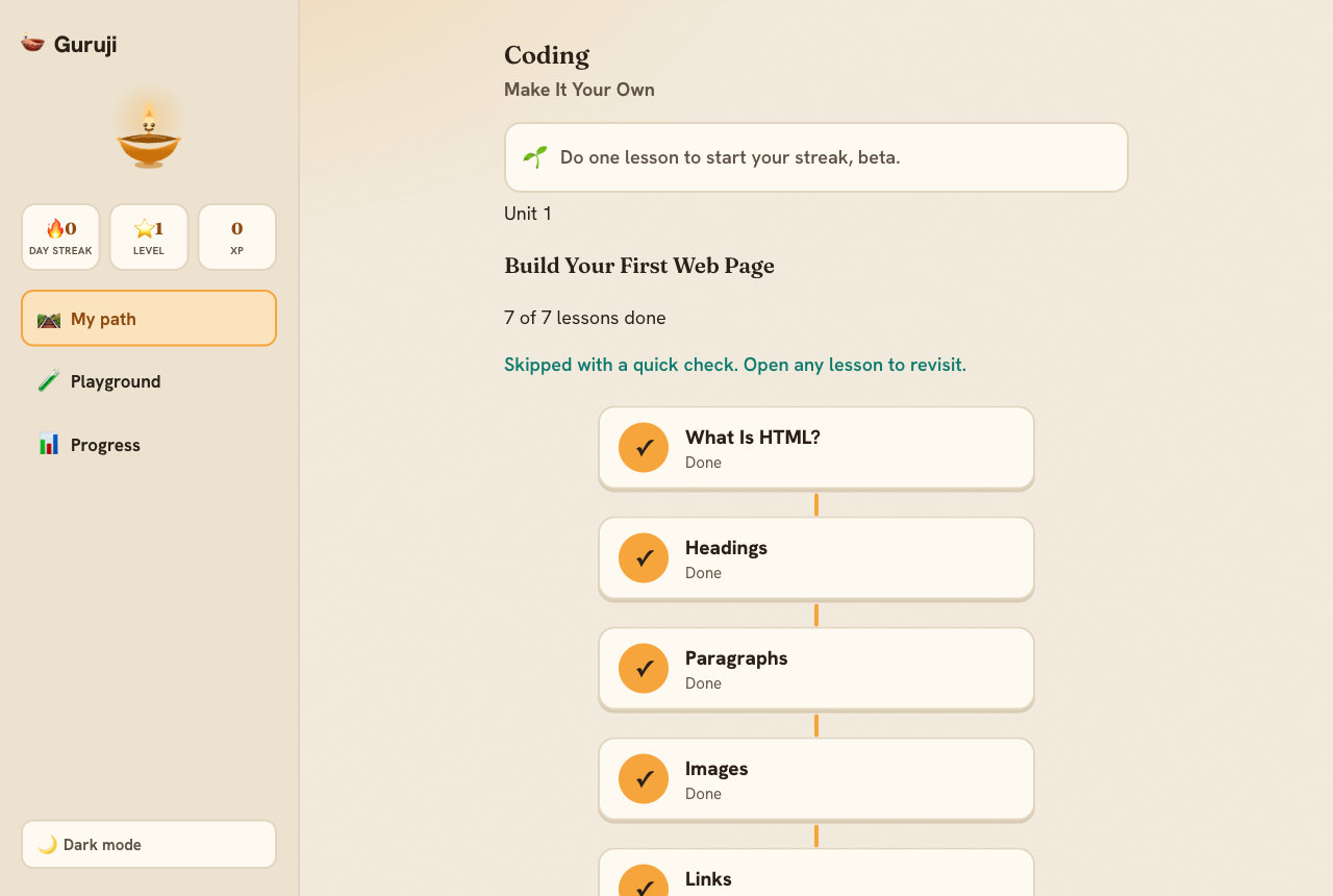 The Guruji app: a left rail with the diya mascot, streak and XP, next to a lesson path for building your first web page.