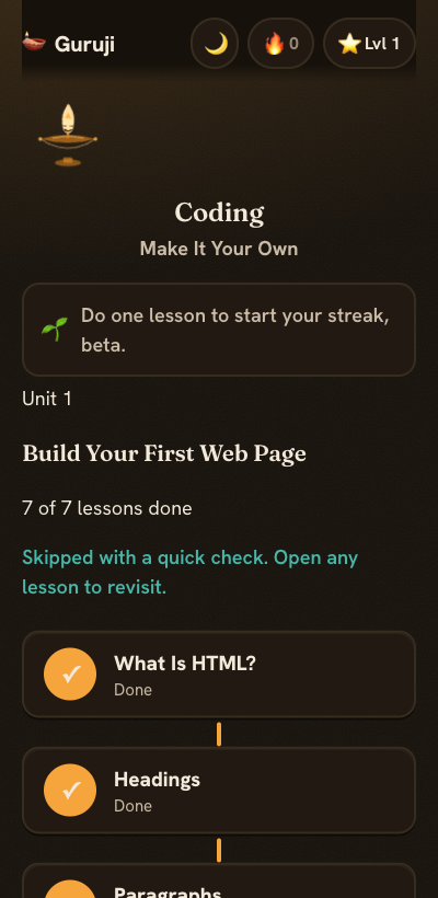 Guruji on a phone in dark mode, showing the glowing diya and the lesson path.