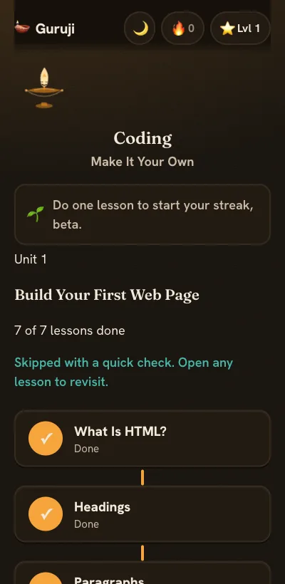 Guruji on a phone in dark mode, showing the glowing diya and the lesson path.
